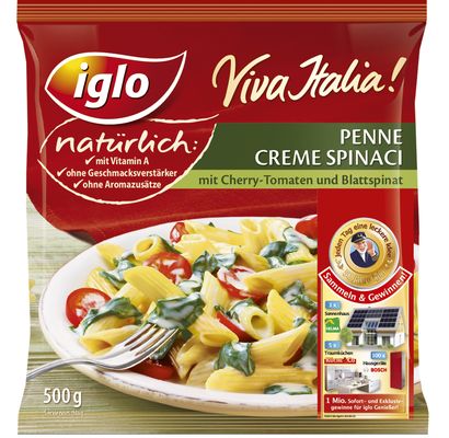 Fertiggericht Viva Italia Penne Creme Spinaci (430 Gramm) Iglo GmbH Salate  und Gerichte auf Teigbasis - Nicht Verzehrfertig - Herzhaft (Gefroren)  Lebensmittel / Getränke / Tabakwaren Fertig- und Halbfertiggerichte /  Desserts /