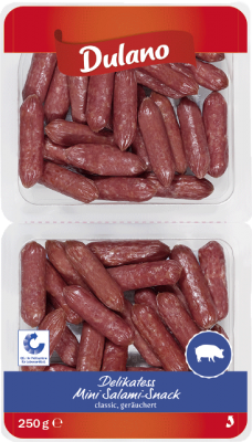 Dulano (Lidl) · Mini Salami-Snack Classic (2 x 125 grams) Schwarz Cranz  GmbH & Co. KG Pork Sausages - Prepared/Processed Food / Beverage / Tobacco  Meat/Poultry/Sausages Meat/Poultry Sausages - Prepared/Processed · mynetfair